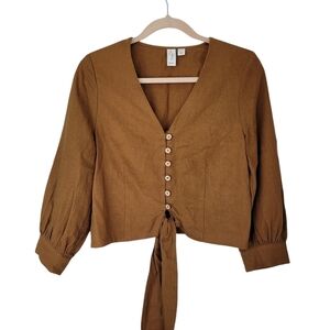 Joie Brown Linen Blend Blouse Puffy Sleeve V Neck Front Ties